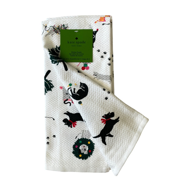 Kate Spade Christmas Dogs & Cats Kitchen Towel Set of 2 Designer Holiday 17x28 - Picture 11 of 12